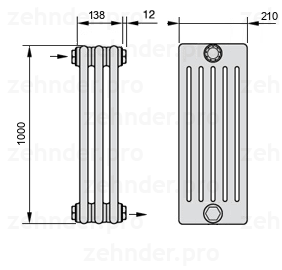 Схема (чертеж) Радиатор Zehnder Charleston 6100/3 №1670 Белый глянцевый RAL 9016